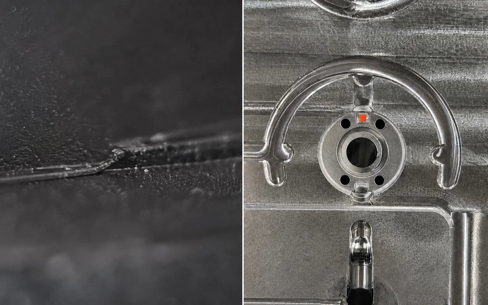Anonymized macro view of flash and a repaired injection mold steel area
